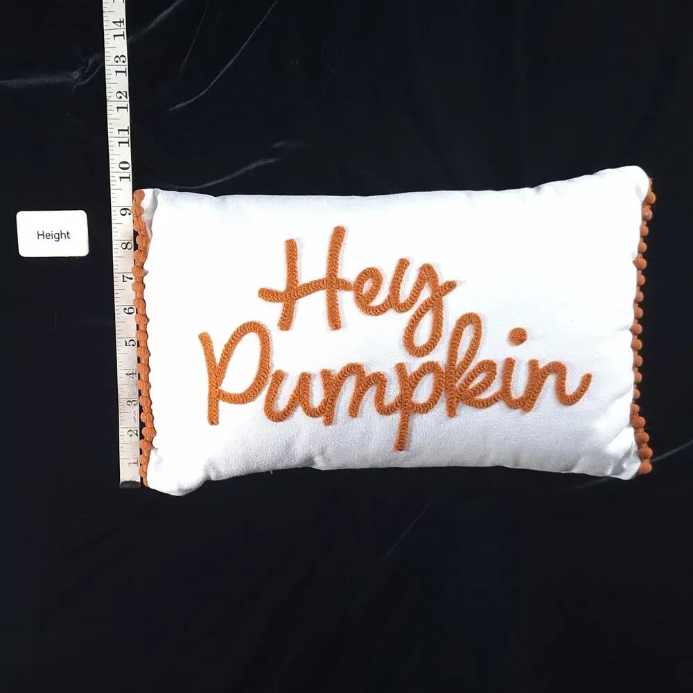 Target Bullseye Hey Pumpkin Fall Throw Pillow 15x10 Orange White Pom Trim Decor